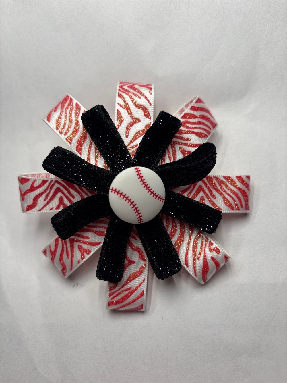 Handmade Red Zebra Baseball Hair Bow
